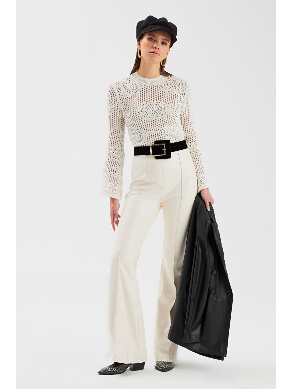 İspanyol Paça Deri Pantolon - Ekru-5