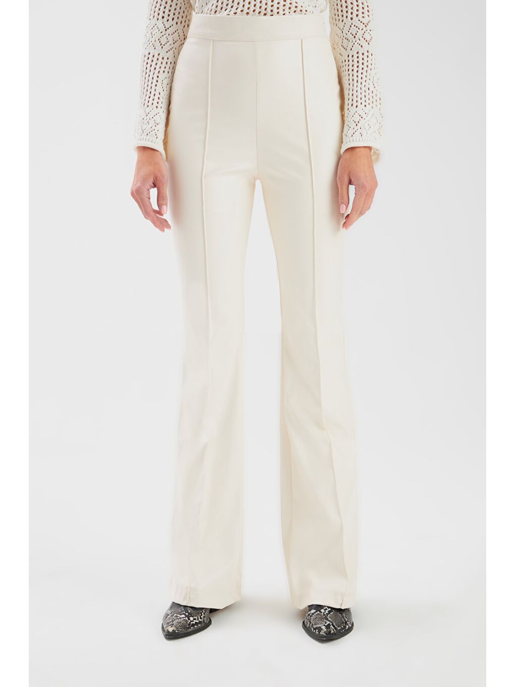 İspanyol Paça Deri Pantolon - Ekru-6