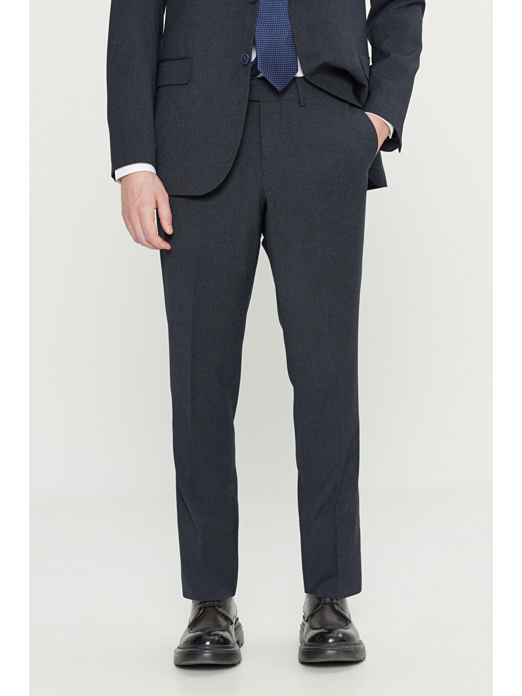 Erkek Lacivert Slim Fit Dar Kesim Mono Yaka Kapak Cepli Desenli Esnek Takım Elbise-5
