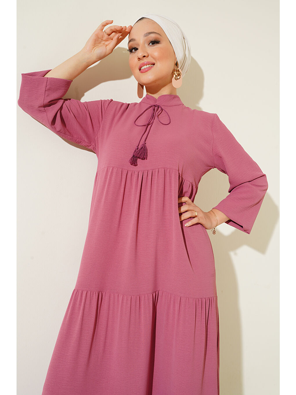 T1627 Yaka Bağcıklı Elbise - A. Pembe-3