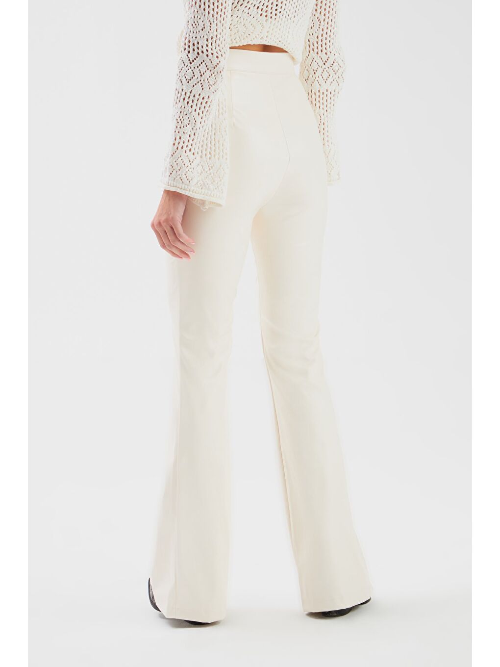 İspanyol Paça Deri Pantolon - Ekru-7