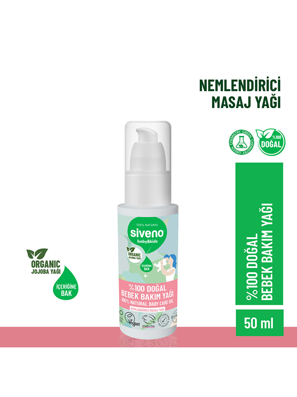 Siveno %100 Doğal Bebek Yağı Organik Jojoba Bakım Masaj Yağı Bitkisel Vegan 50 ml