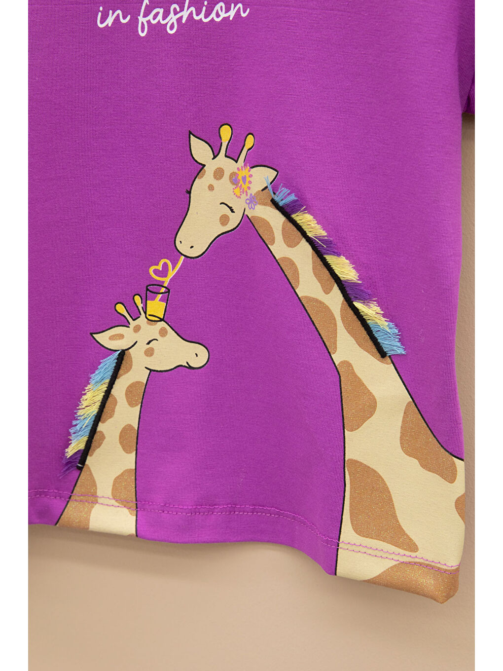 Mor Zürafa Baskılı Fırfırlı Kız Bebek Kısa Kol Tişört 20994-2