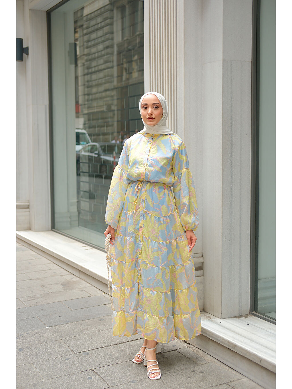 Kadın Karışık Çiçek Desen Elbise Mavi-2