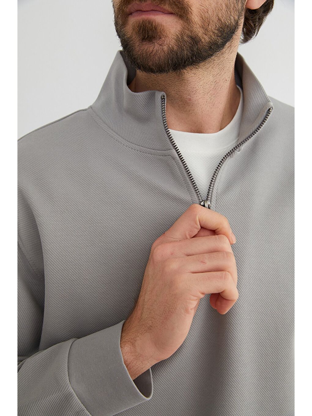 Gri Fitilli Yarım Fermuarlı Sweatshirt-2