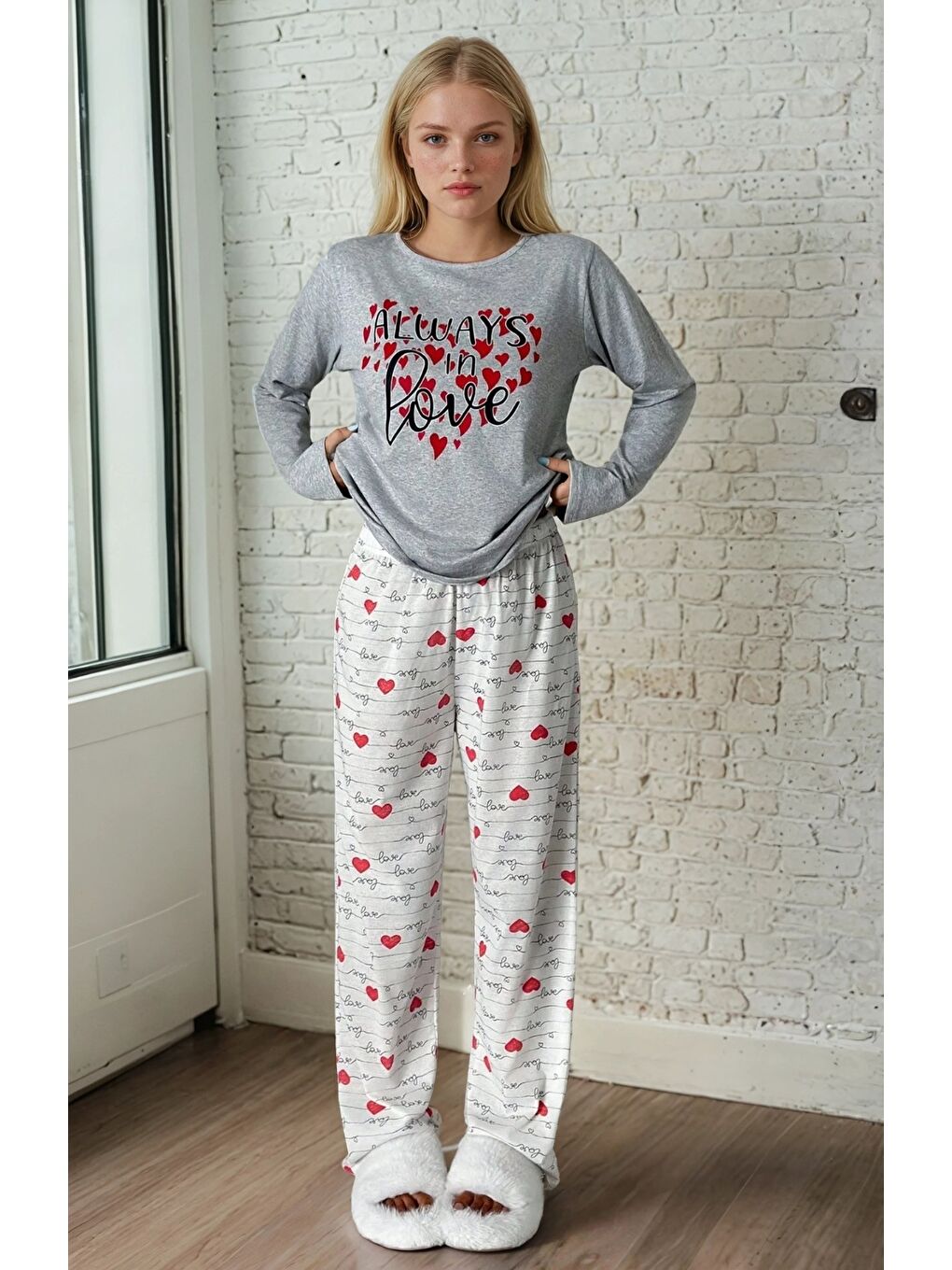 Gri Kalp Desen Baskılı Uzun Kollu Pijama Takımı