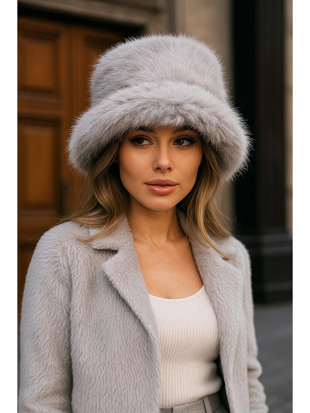 Pelüş Ayarlanabilir Gri Bucket Kalpak Şapka-bere Spk1142-3