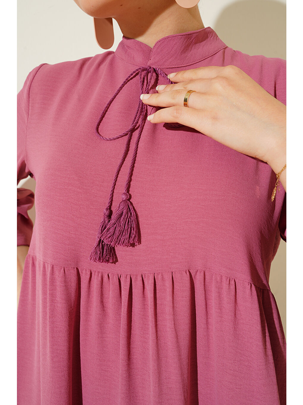 T1627 Yaka Bağcıklı Elbise - A. Pembe-4