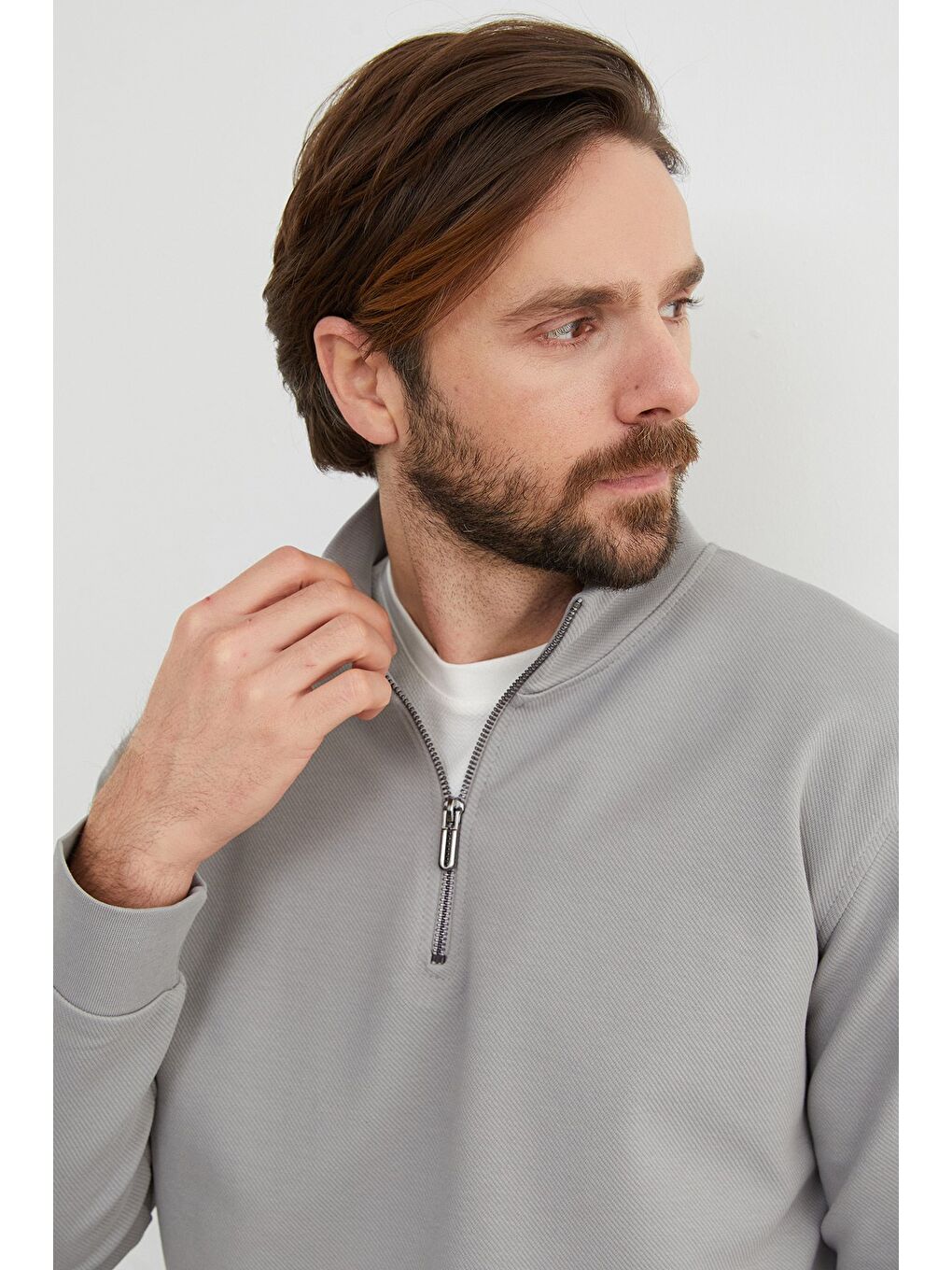 Gri Fitilli Yarım Fermuarlı Sweatshirt-3