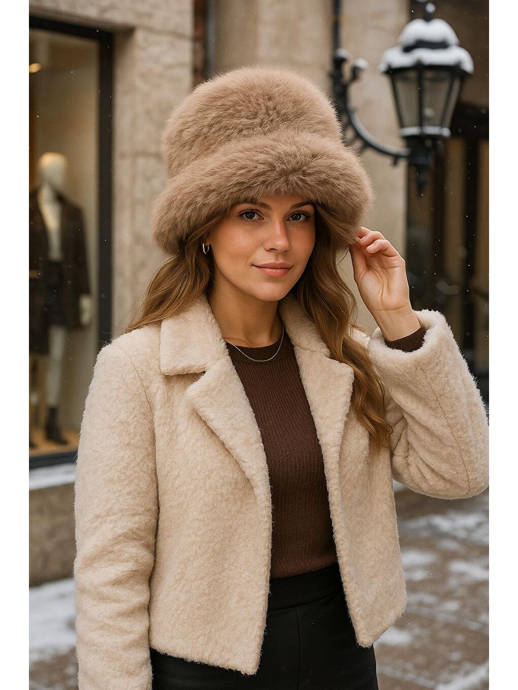 Bej Pelüş Ayarlanabilir Vizon Bucket Kalpak Şapka-bere Spk1142-3