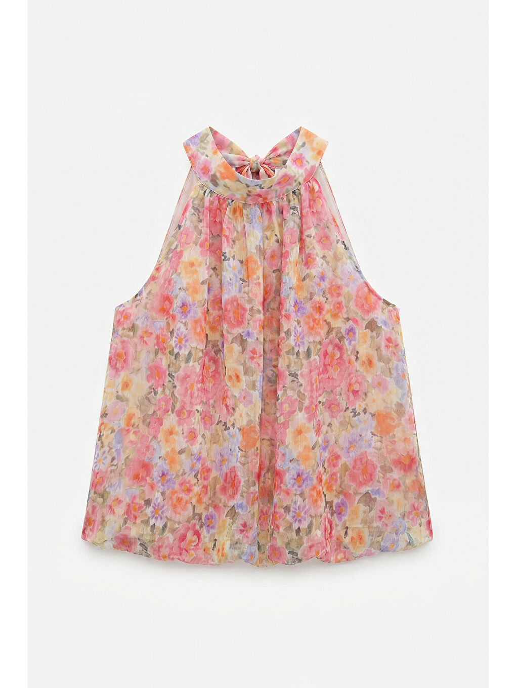 Çiçek Desenli Halter Yaka Crop Bluz Pembe-1