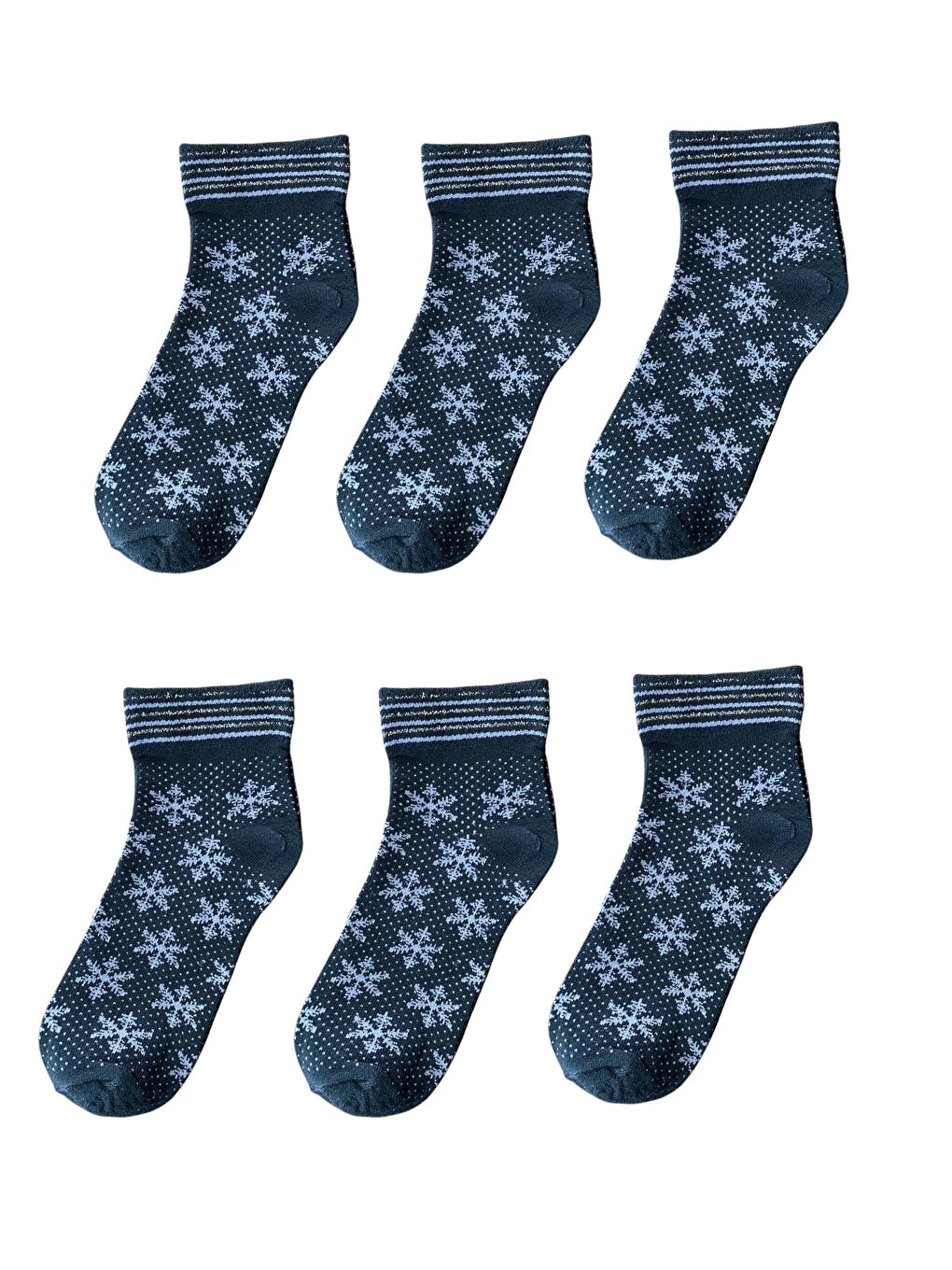 6'lı Kadın Siyah Simli Kar Desenli Yarım Konç Patik Çorap-1