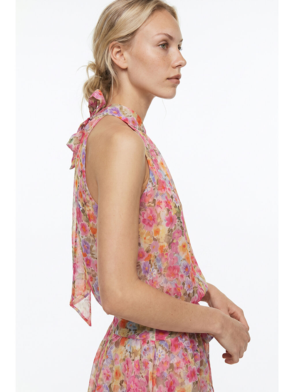 Çiçek Desenli Halter Yaka Crop Bluz Pembe-3