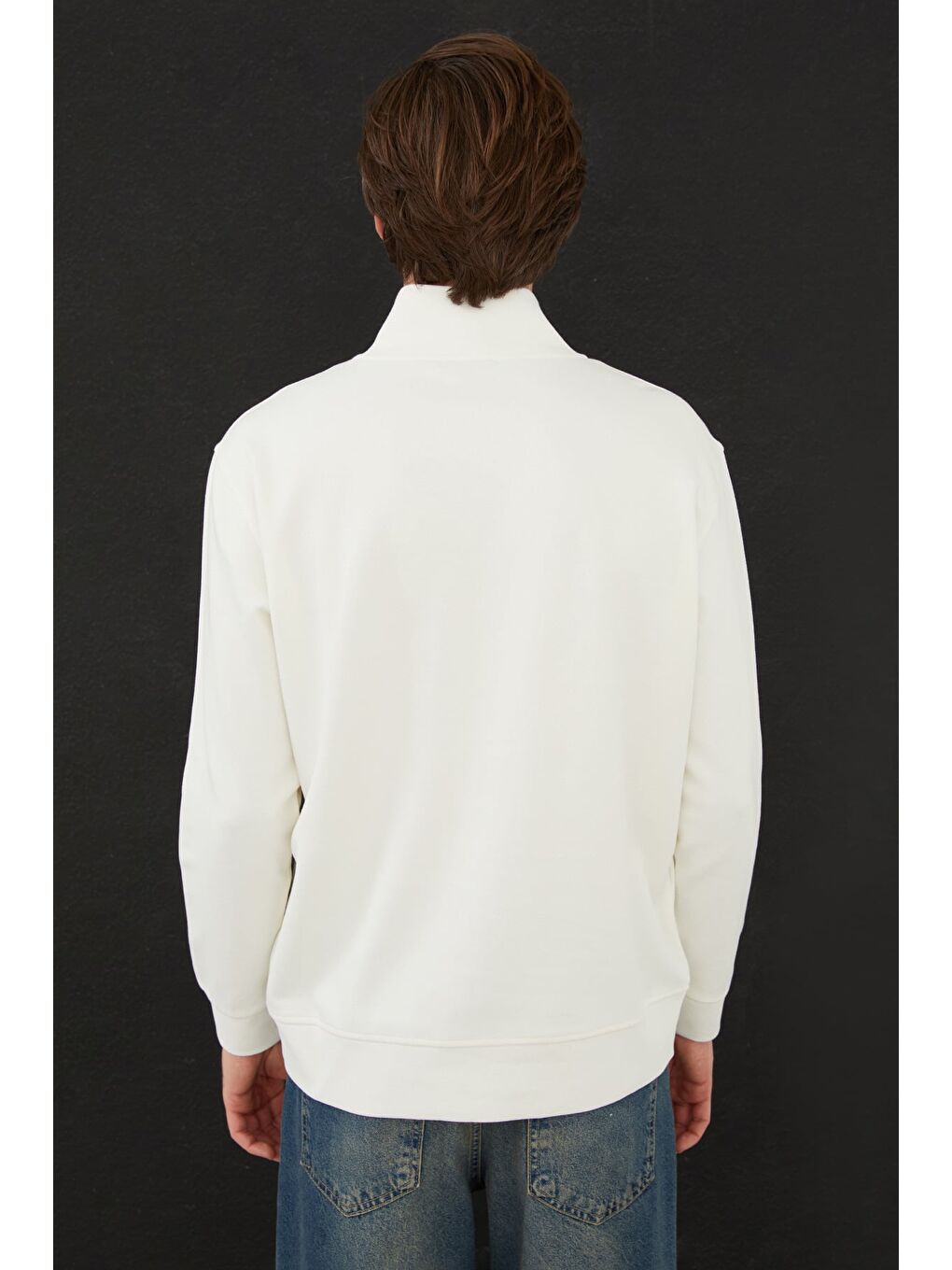 Ekru Fitilli Yarım Fermuarlı Sweatshirt-2