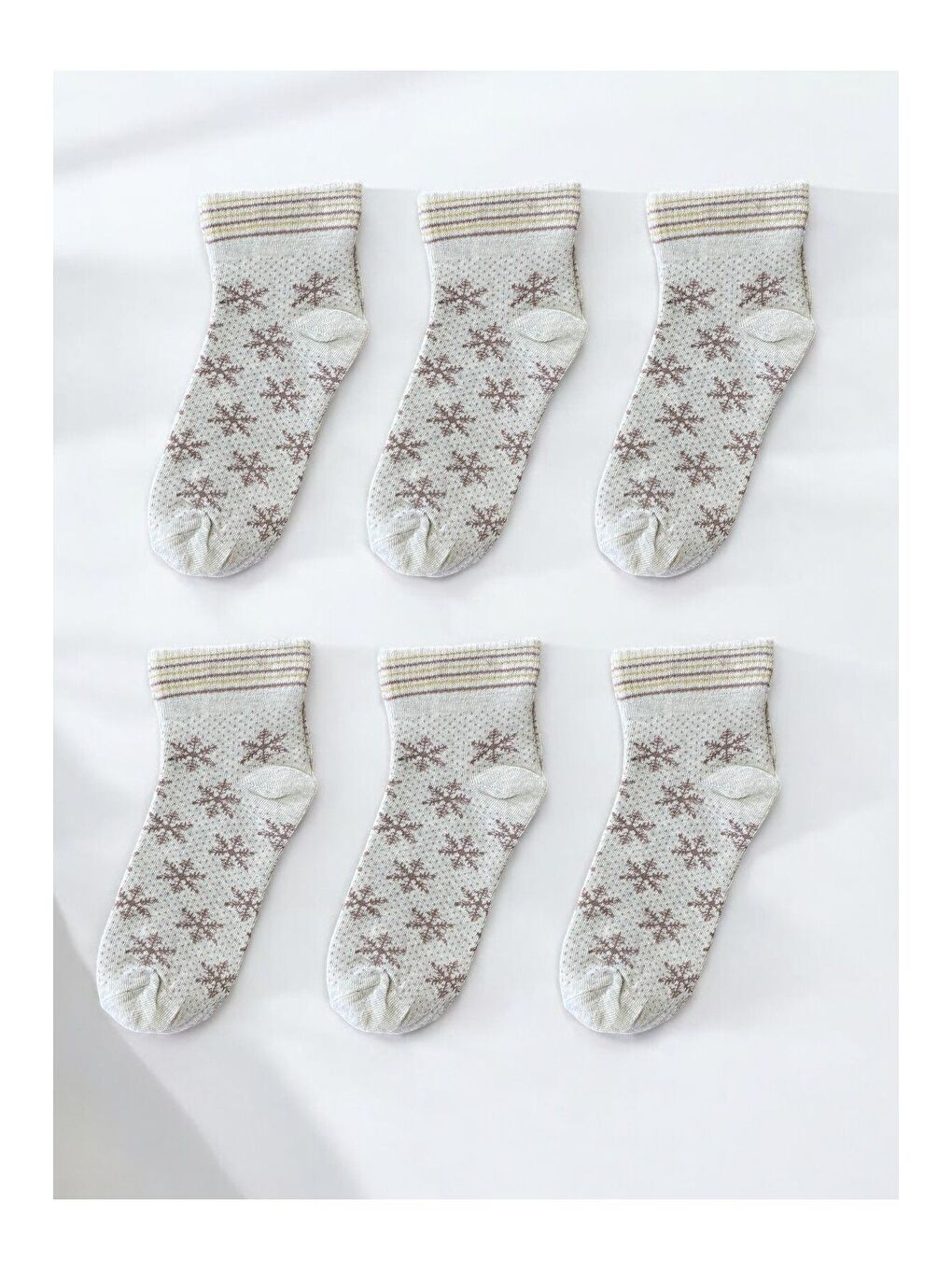 Kahverengi 6'lı Kadın Krem Simli Kar Desenli Yarım Konç Patik Çorap