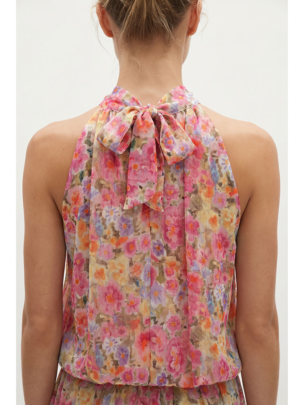 Çiçek Desenli Halter Yaka Crop Bluz Pembe-4