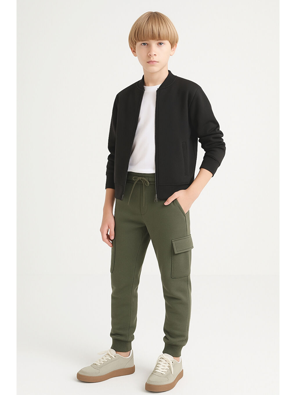 Haki Erkek Çocuk Basic Kargo Cepli Jogger Paça Okul Eşofman Altı AK2322-1-1