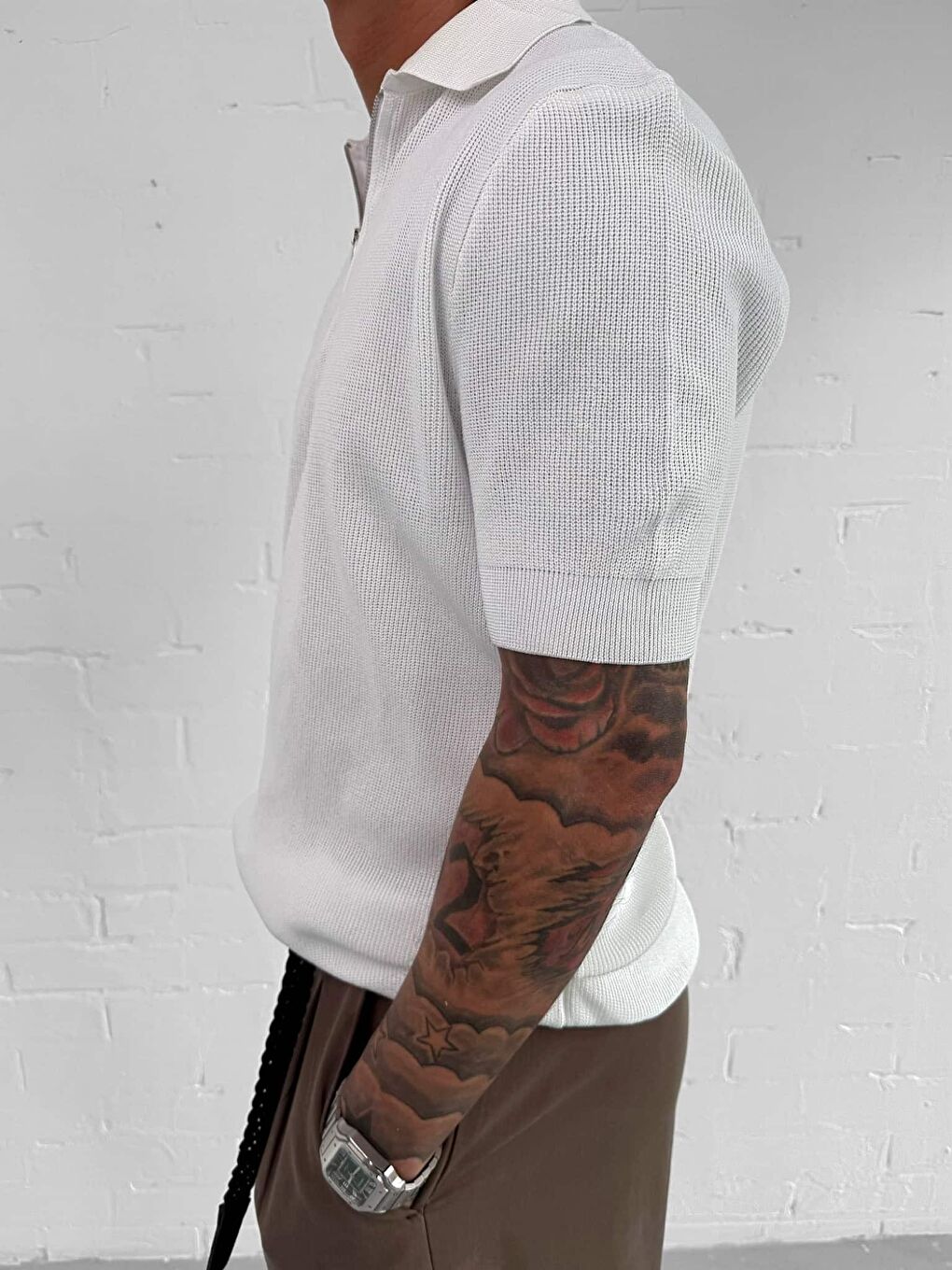 Erkek Yarım Fermuarlı Polo Yaka Triko Tişört Beyaz-1