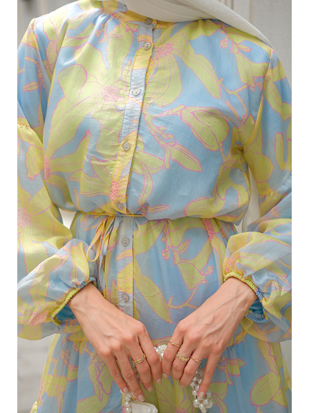 Kadın Karışık Çiçek Desen Elbise Mavi-3