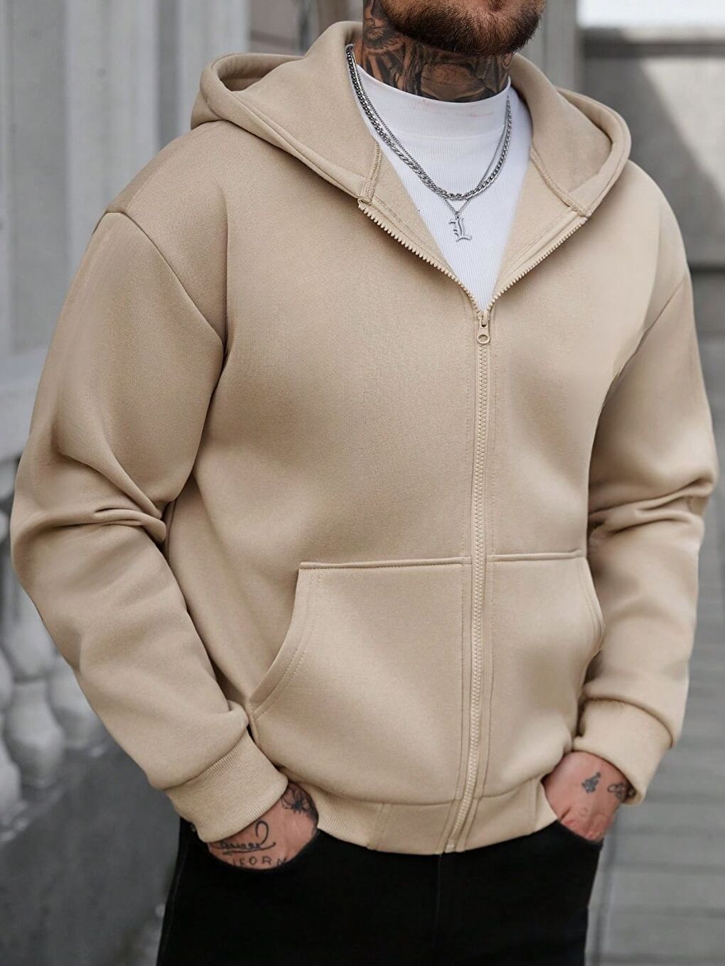 Bej Kapüşon Detay Fermuarlı Erkek Hırka