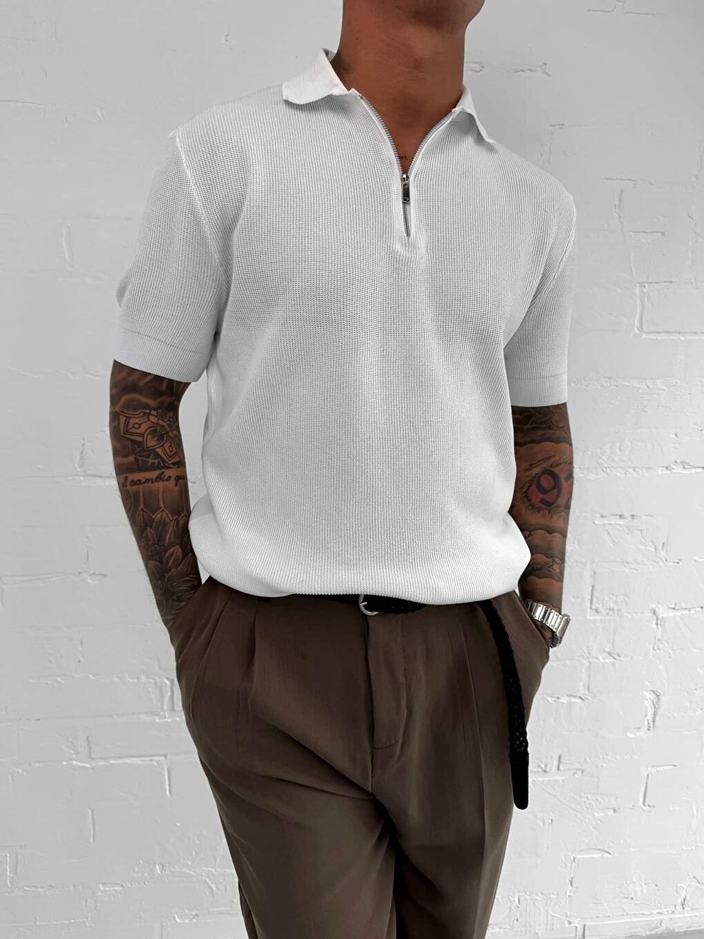 Erkek Yarım Fermuarlı Polo Yaka Triko Tişört Beyaz-2