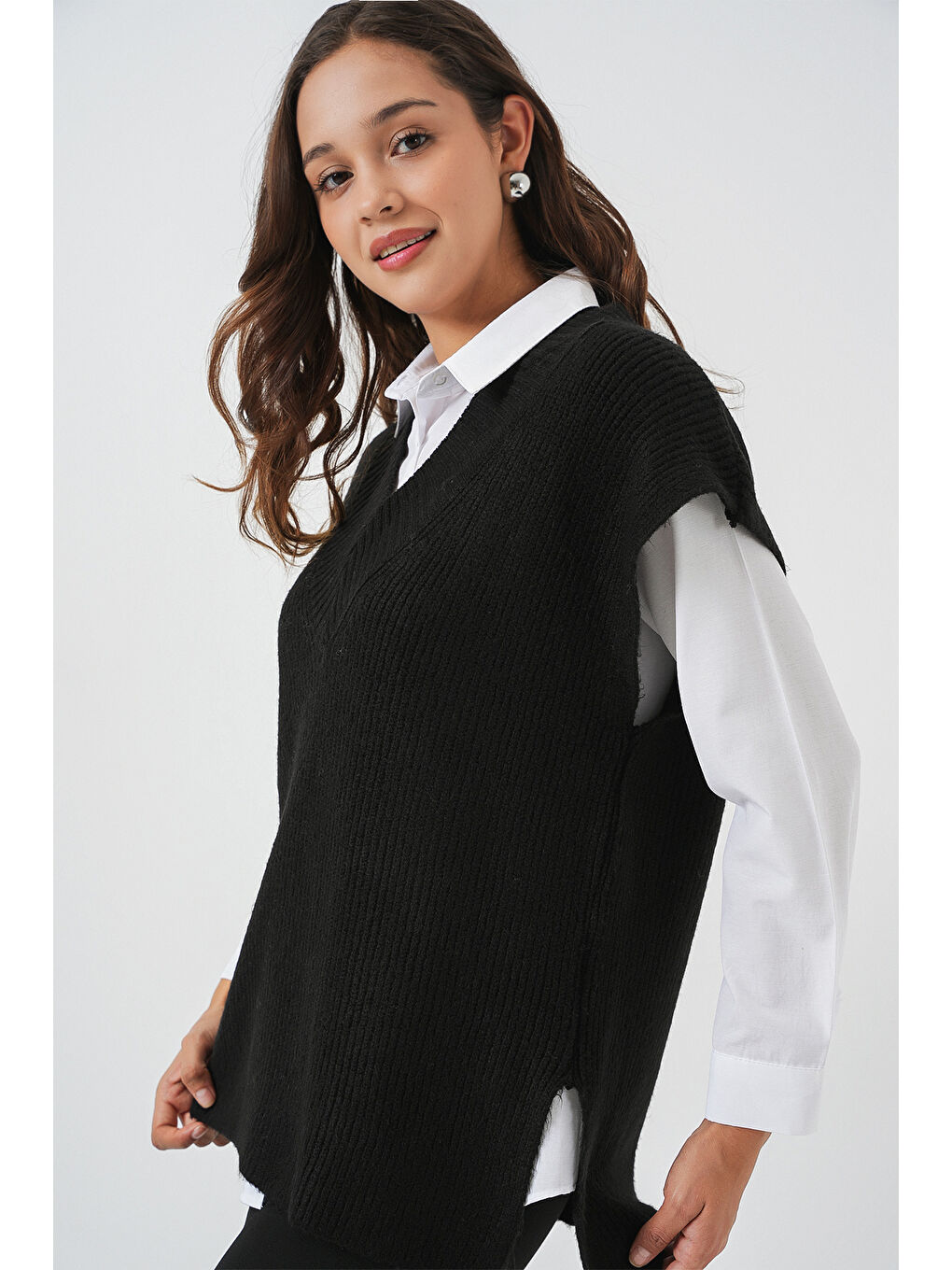 Kadın V Yaka Triko Süveter 15925 - Siyah-1