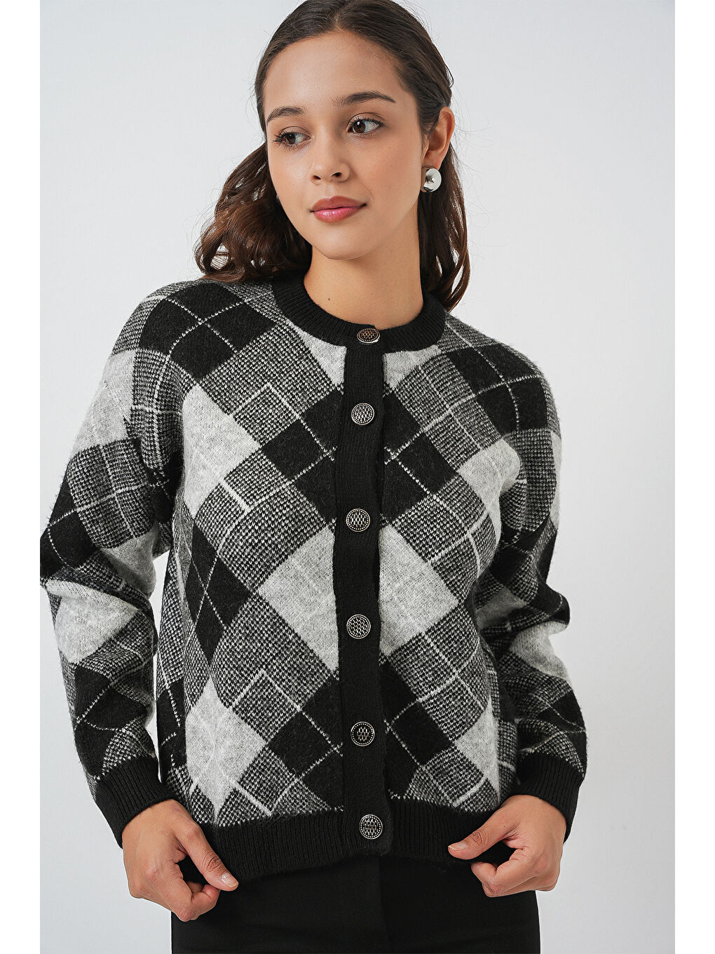 Kadın Desenli Düğmeli Triko Hırka 15927 - Siyah-2