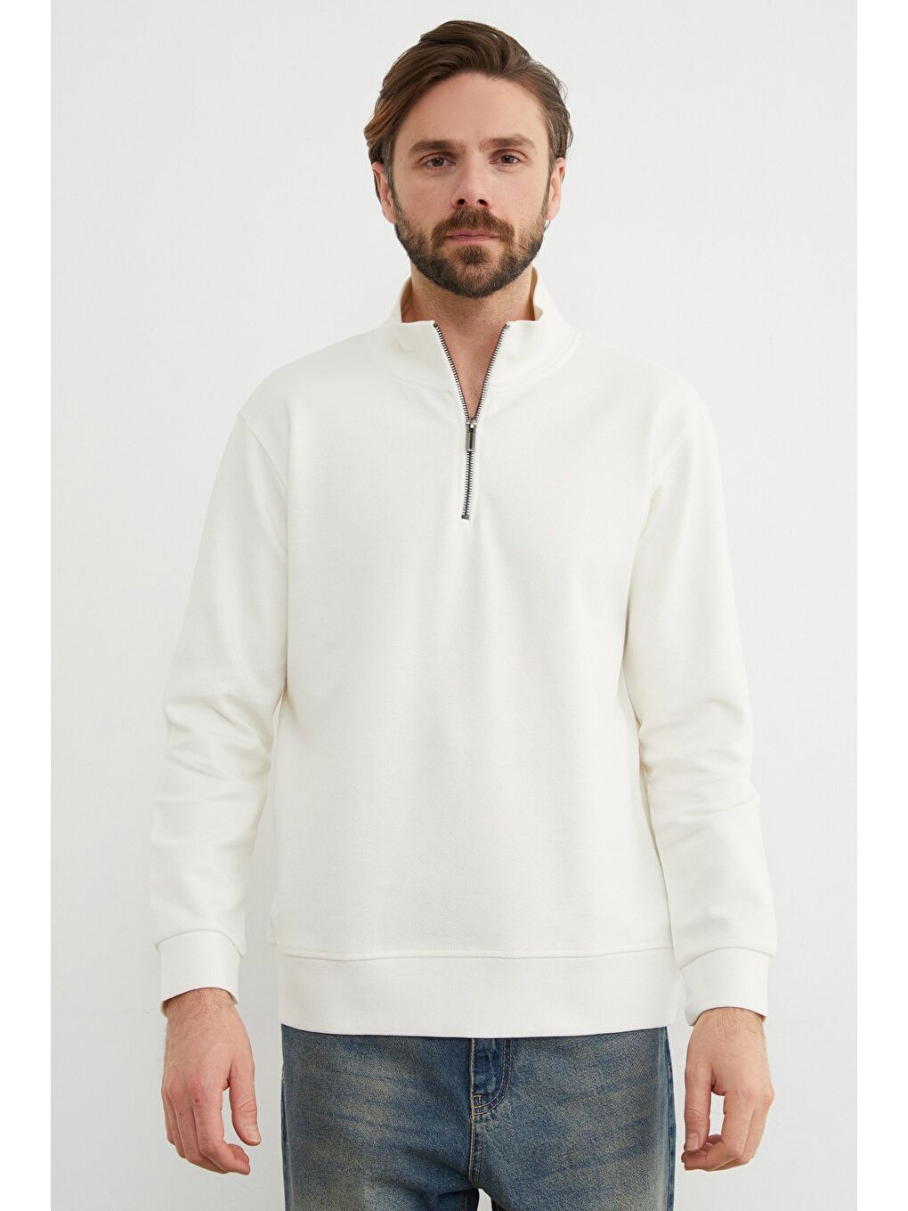 Ekru Fitilli Yarım Fermuarlı Sweatshirt-3