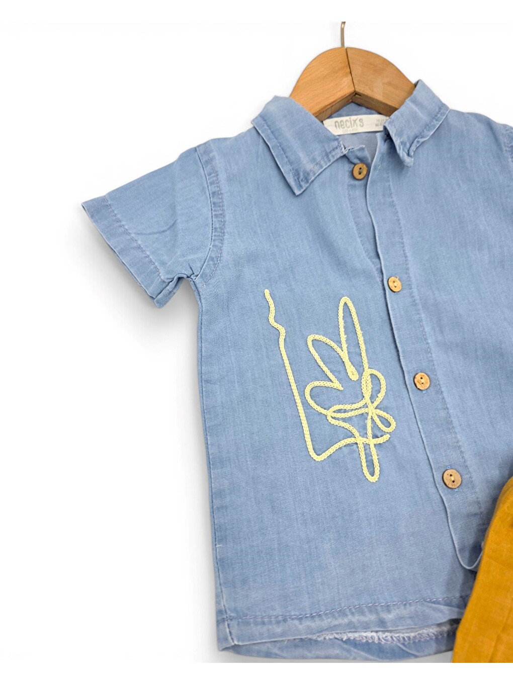 Kahverengi Erkek Bebek Jean Gömlekli Müslin Şortlu Takım-4