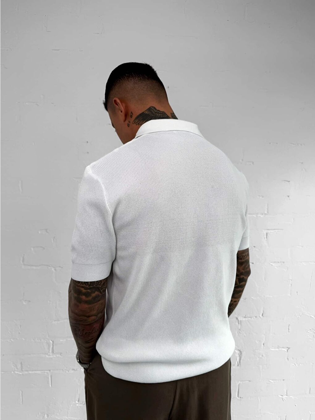 Erkek Yarım Fermuarlı Polo Yaka Triko Tişört Beyaz-3