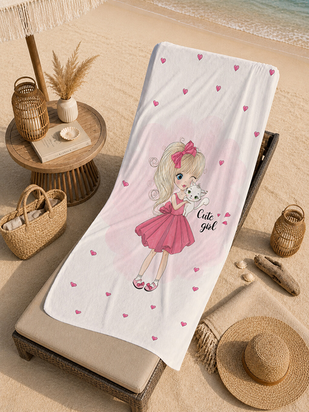 Masalsı Pembe Elbiseli Peri Kızı Kalpli Desenli 70x150 Plaj Havlusu - Dijital Baskılı Banyo Havlusu-3
