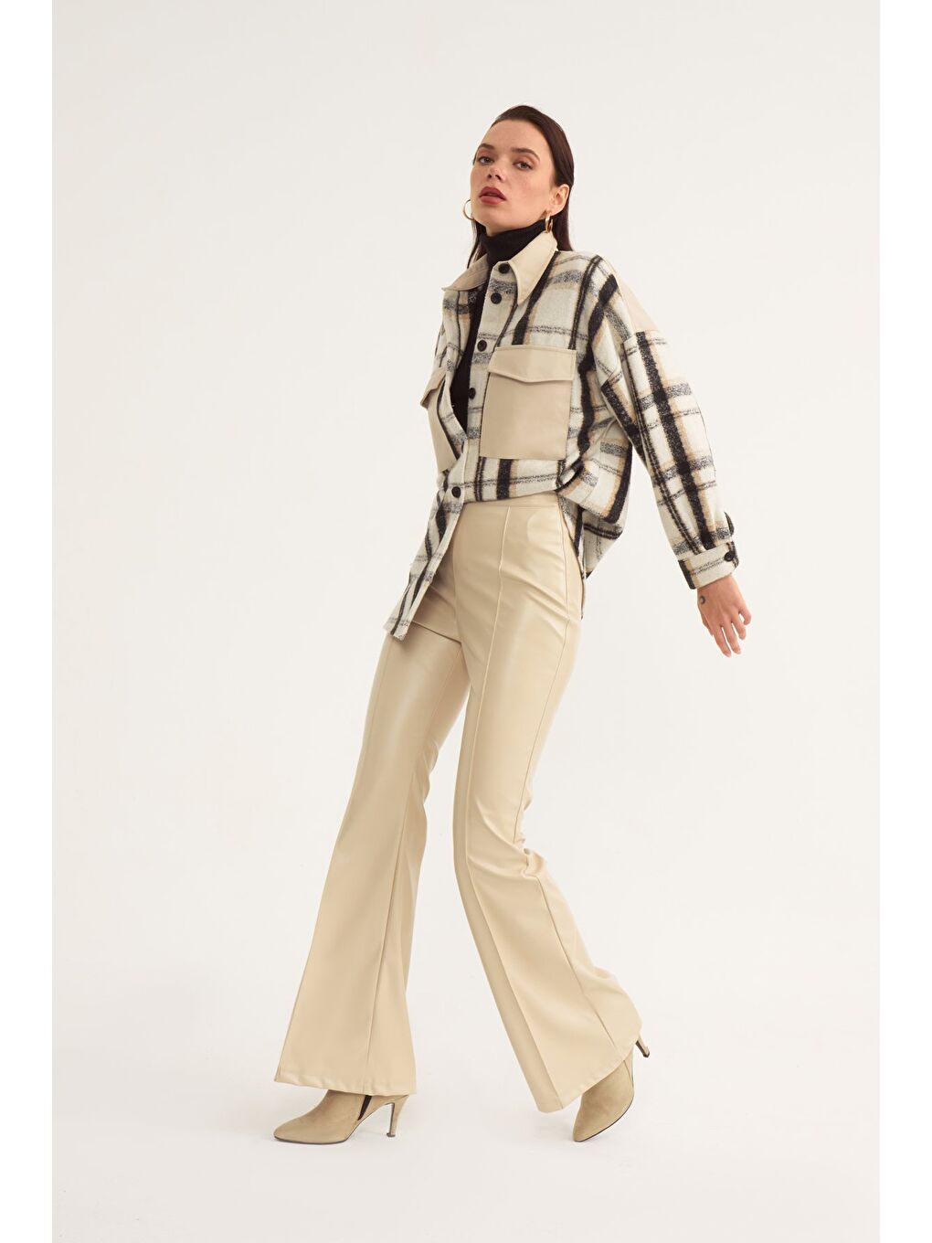 Bej İspanyol Paça Deri Pantolon - Taş-1