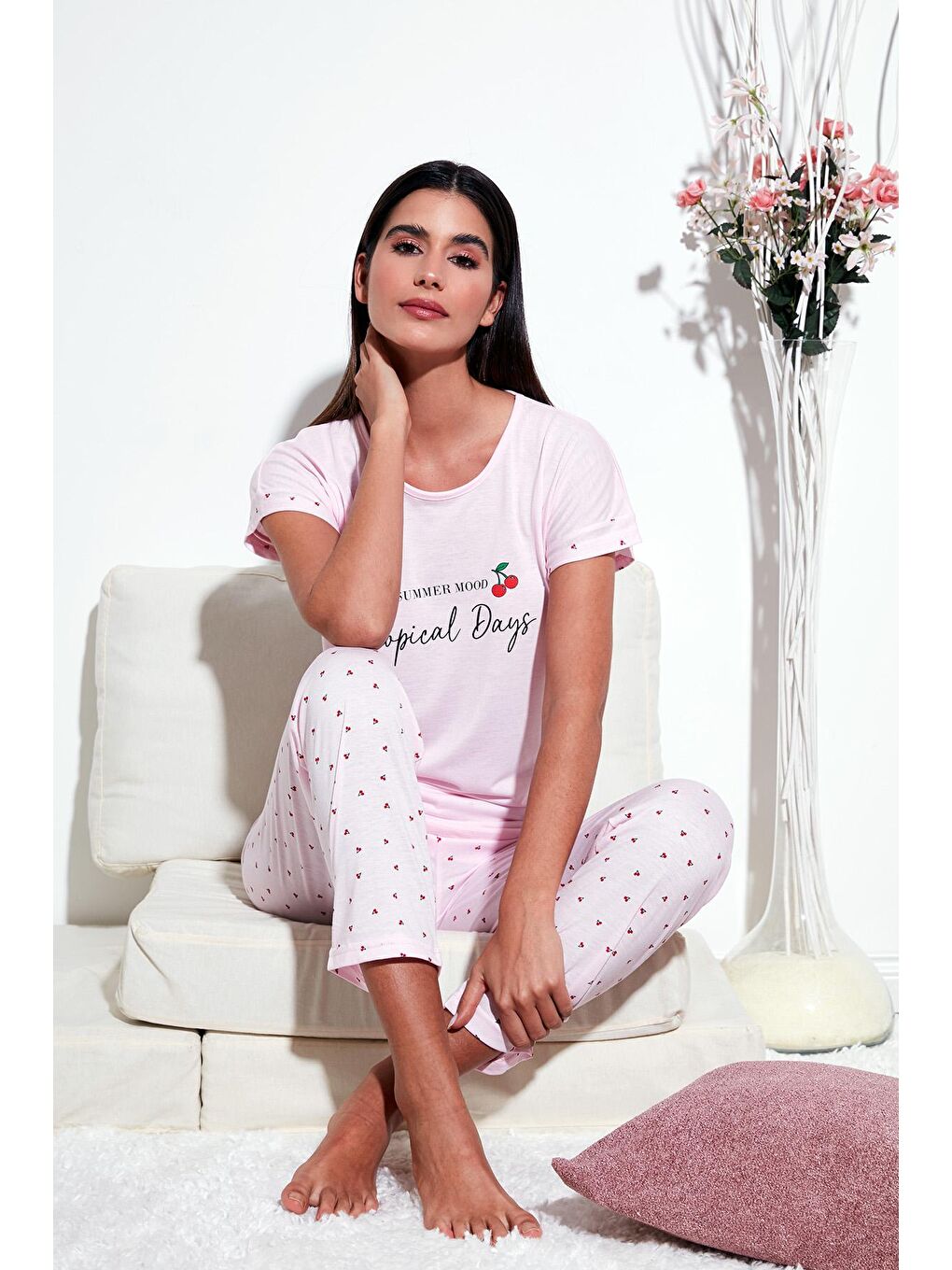 Lela Pembe Regular Fit Bisiklet Yaka Kısa Kollu Pijama Takım 6097310