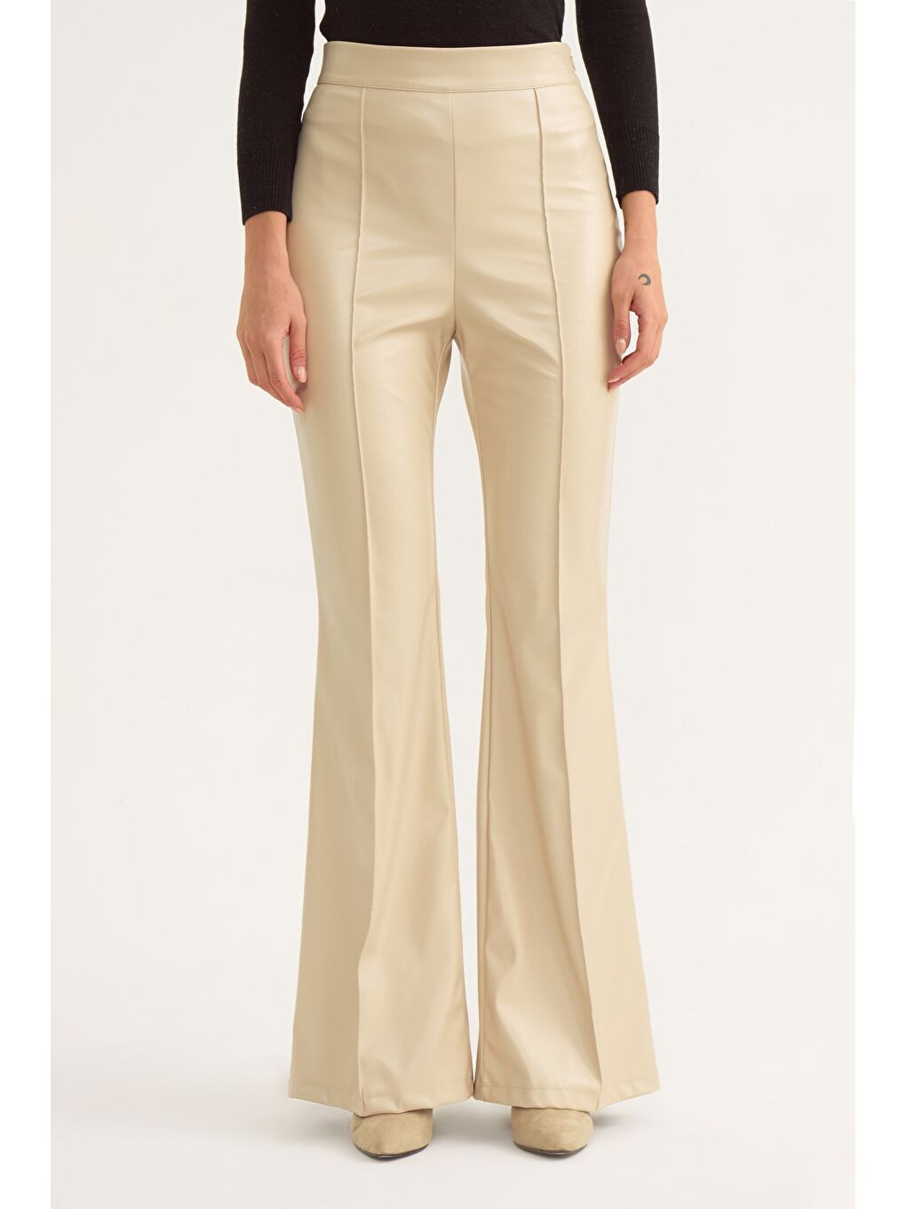 Bej İspanyol Paça Deri Pantolon - Taş-2