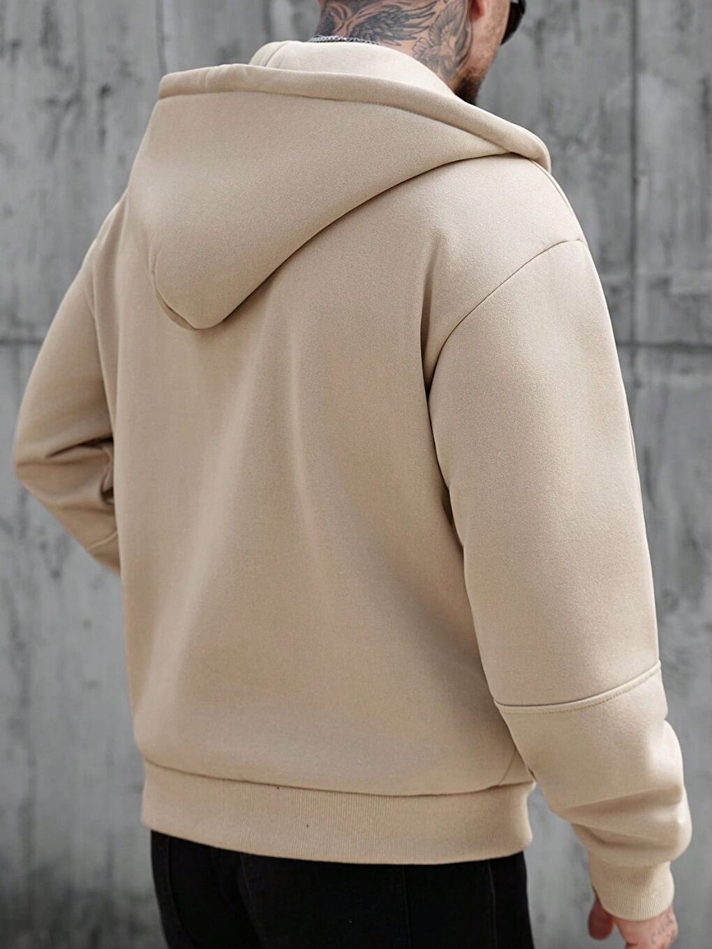 Bej Kapüşon Detay Fermuarlı Erkek Hırka-1