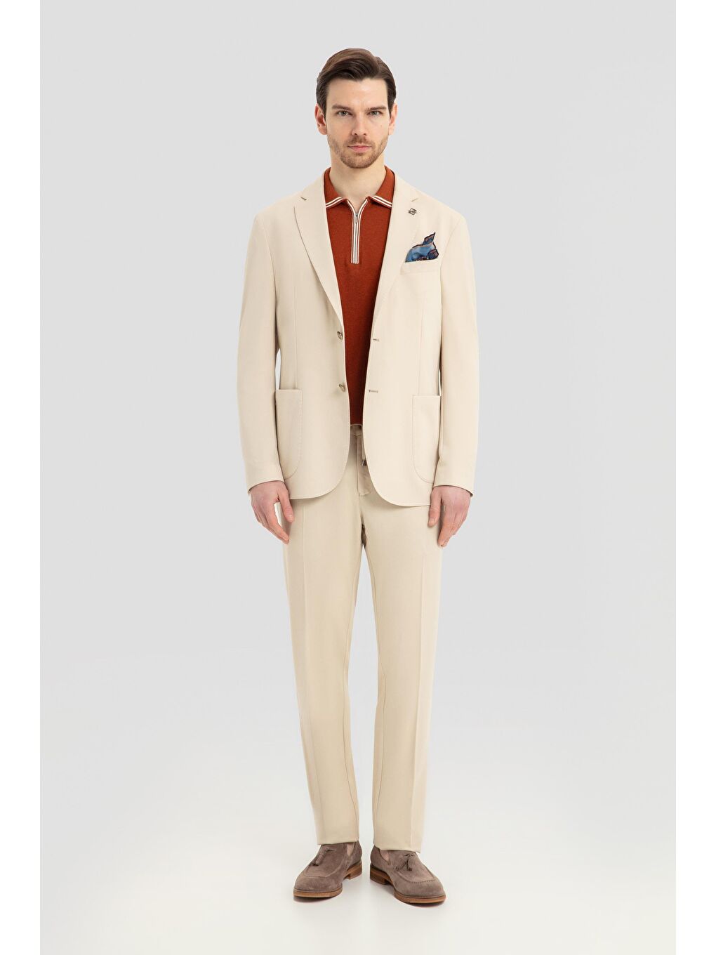 Mono Yaka Modal Karışımlı Takım Elbise Bej-1