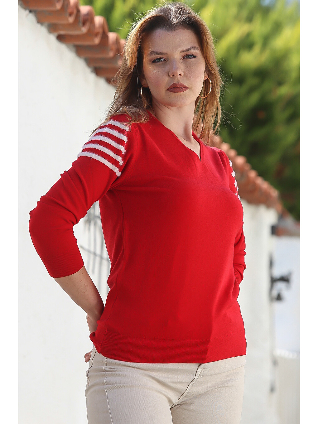 Kırmızı V Yaka Uzun Kol Çizgili Casual Triko Kazak 65 60-3