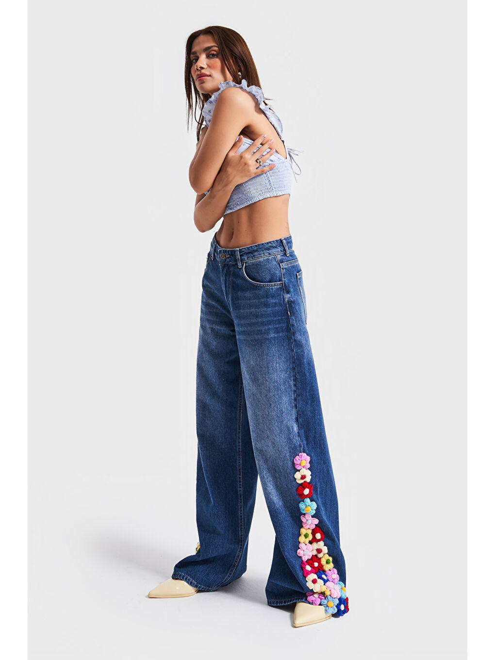 Kadın Mavi Renk 2w5-5 Palazzo Fit Renkli Çiçek Örgü İşlemeli Özel Tasarım Denim Jean-4