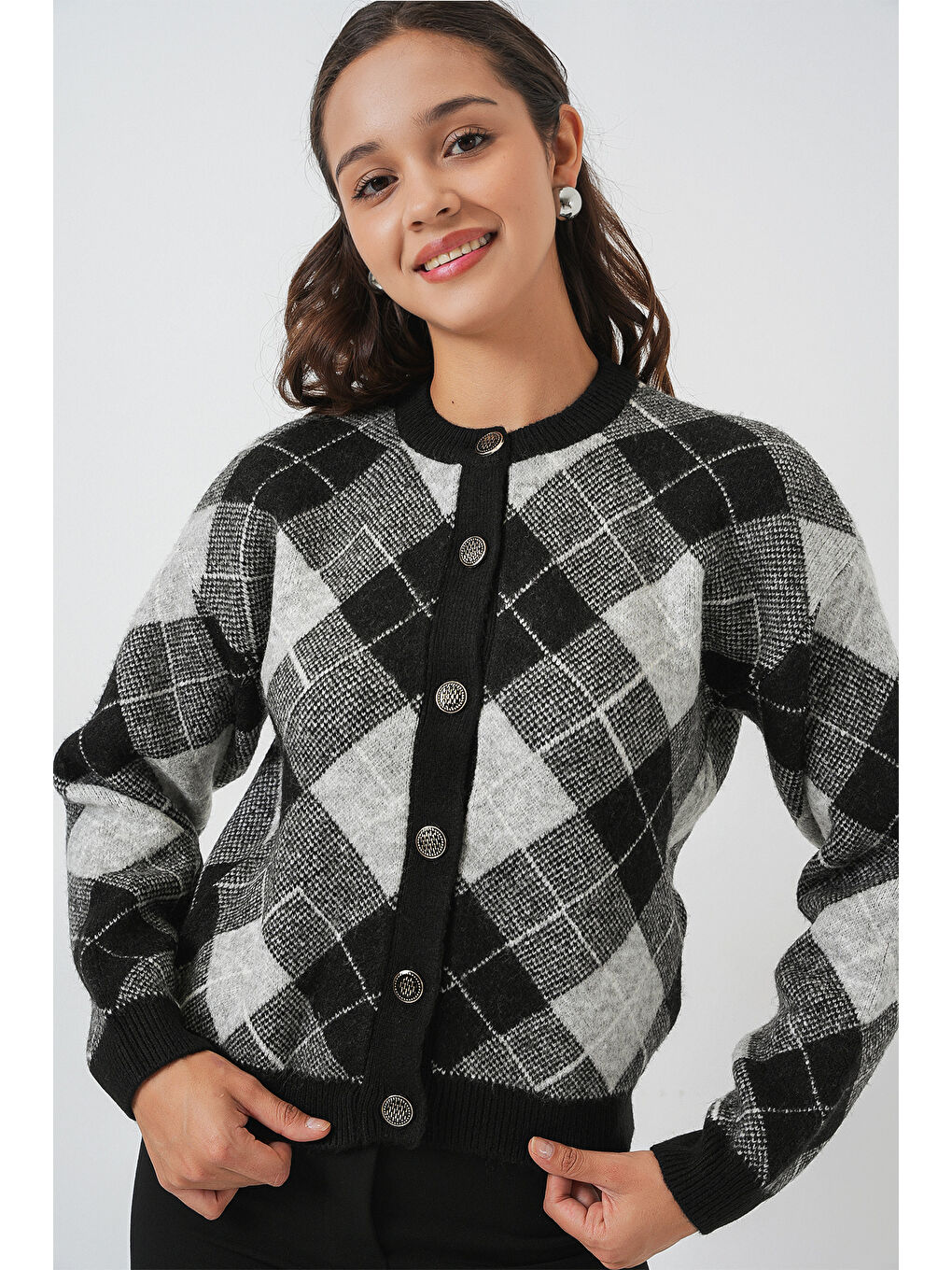 Kadın Desenli Düğmeli Triko Hırka 15927 - Siyah-3