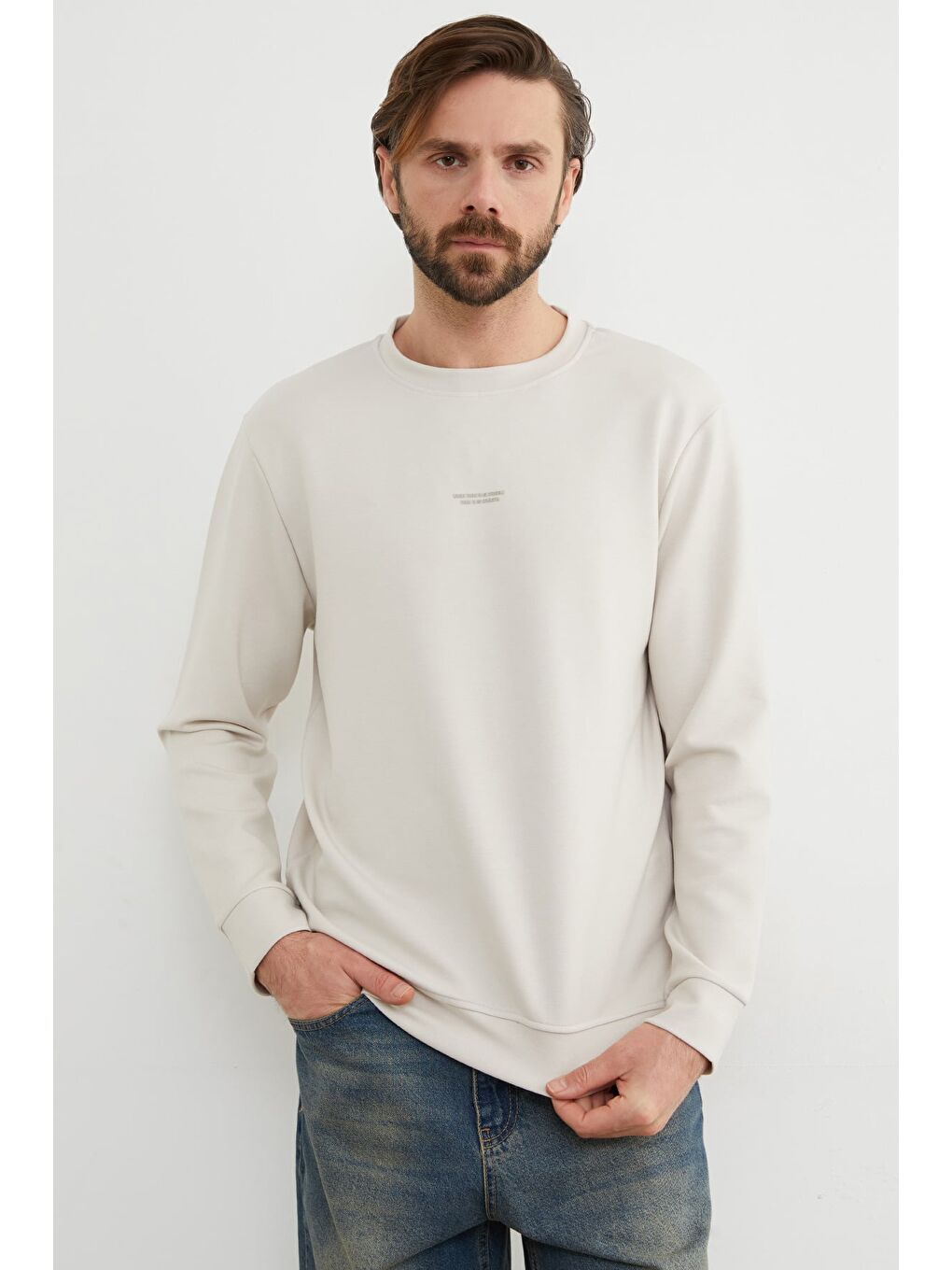 Bej Basic Bisiklet Yaka Modal Kumaş Sweatshirt-2