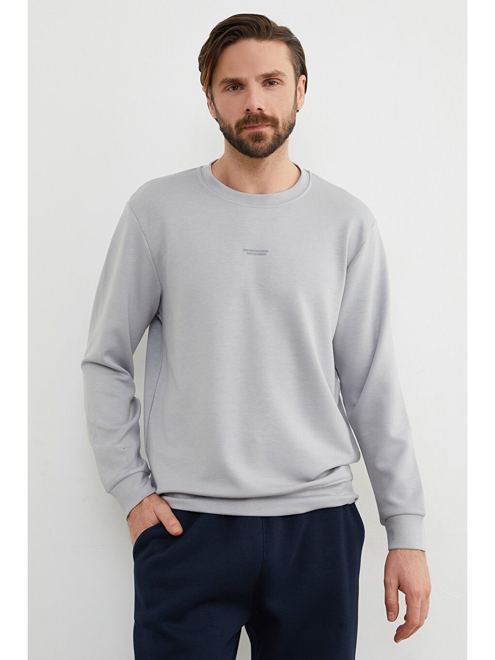 Gri Basic Bisiklet Yaka Modal Kumaş Sweatshirt-2
