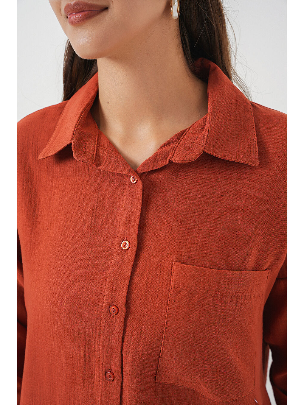 Kahverengi Kadın Tek Cepli Oversize Müslin Gömlek 20353 - Kiremit-5