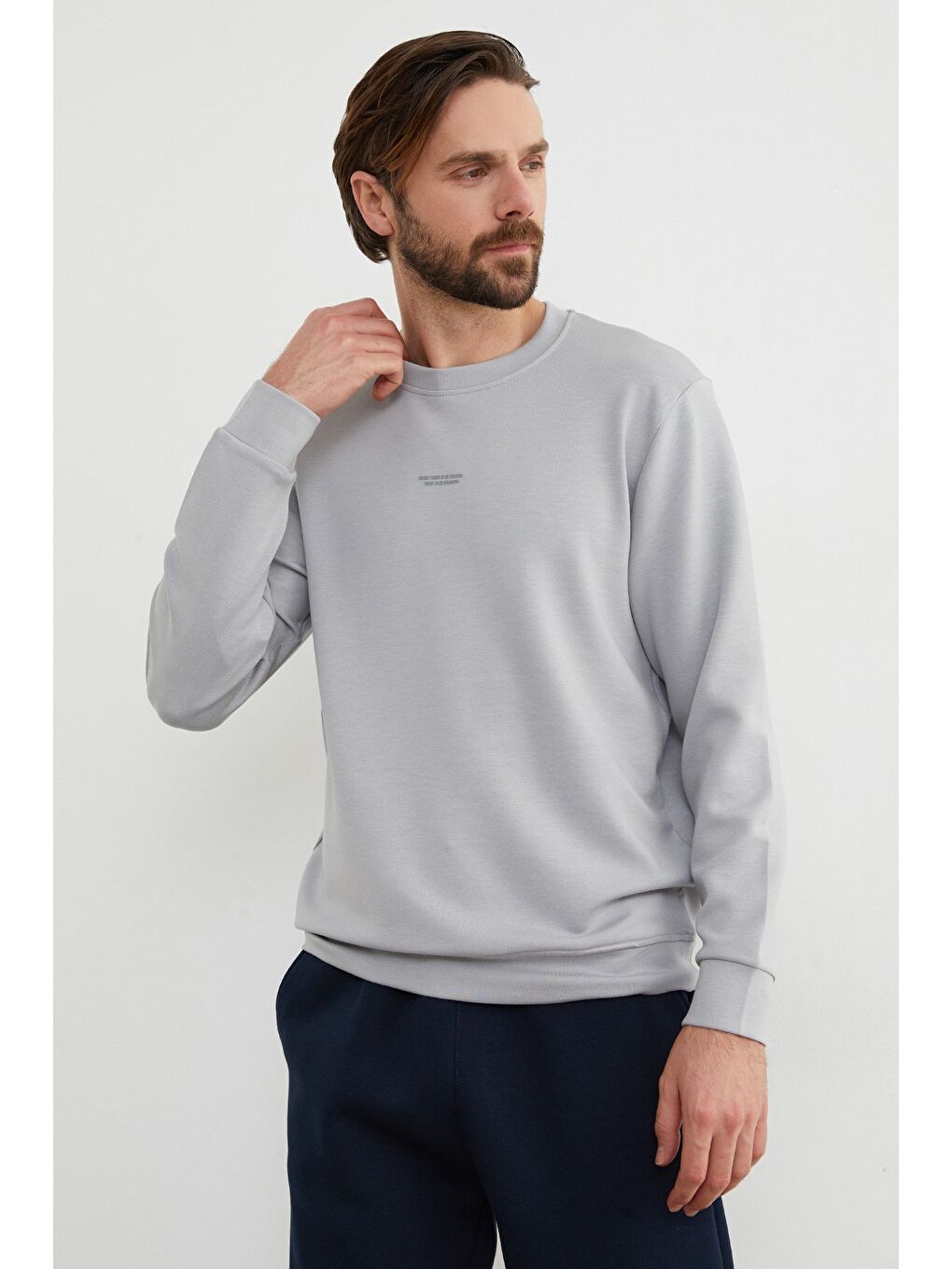 Gri Basic Bisiklet Yaka Modal Kumaş Sweatshirt-3