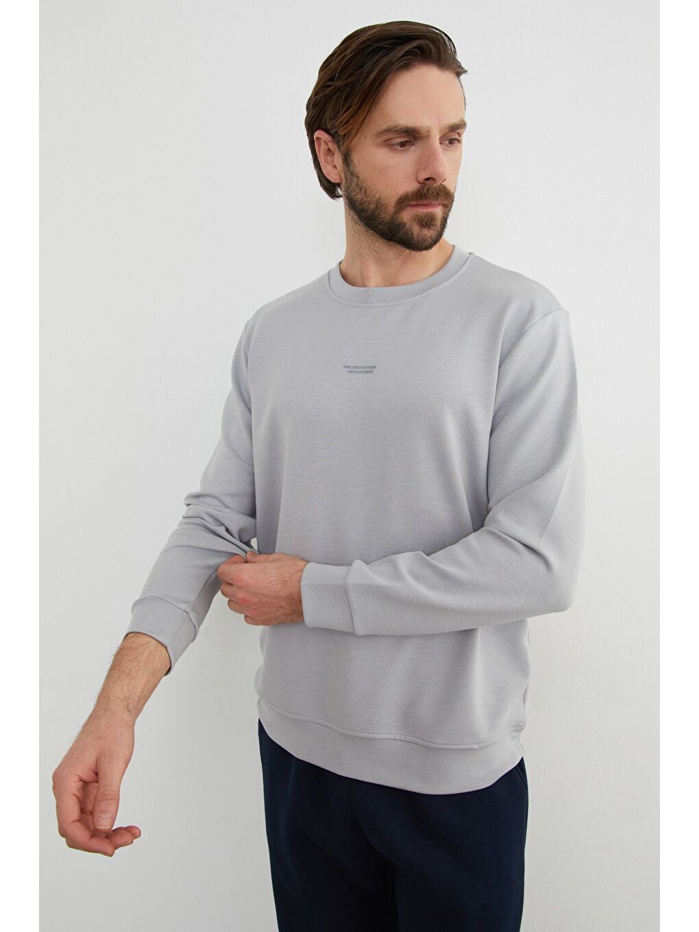 Gri Basic Bisiklet Yaka Modal Kumaş Sweatshirt-4