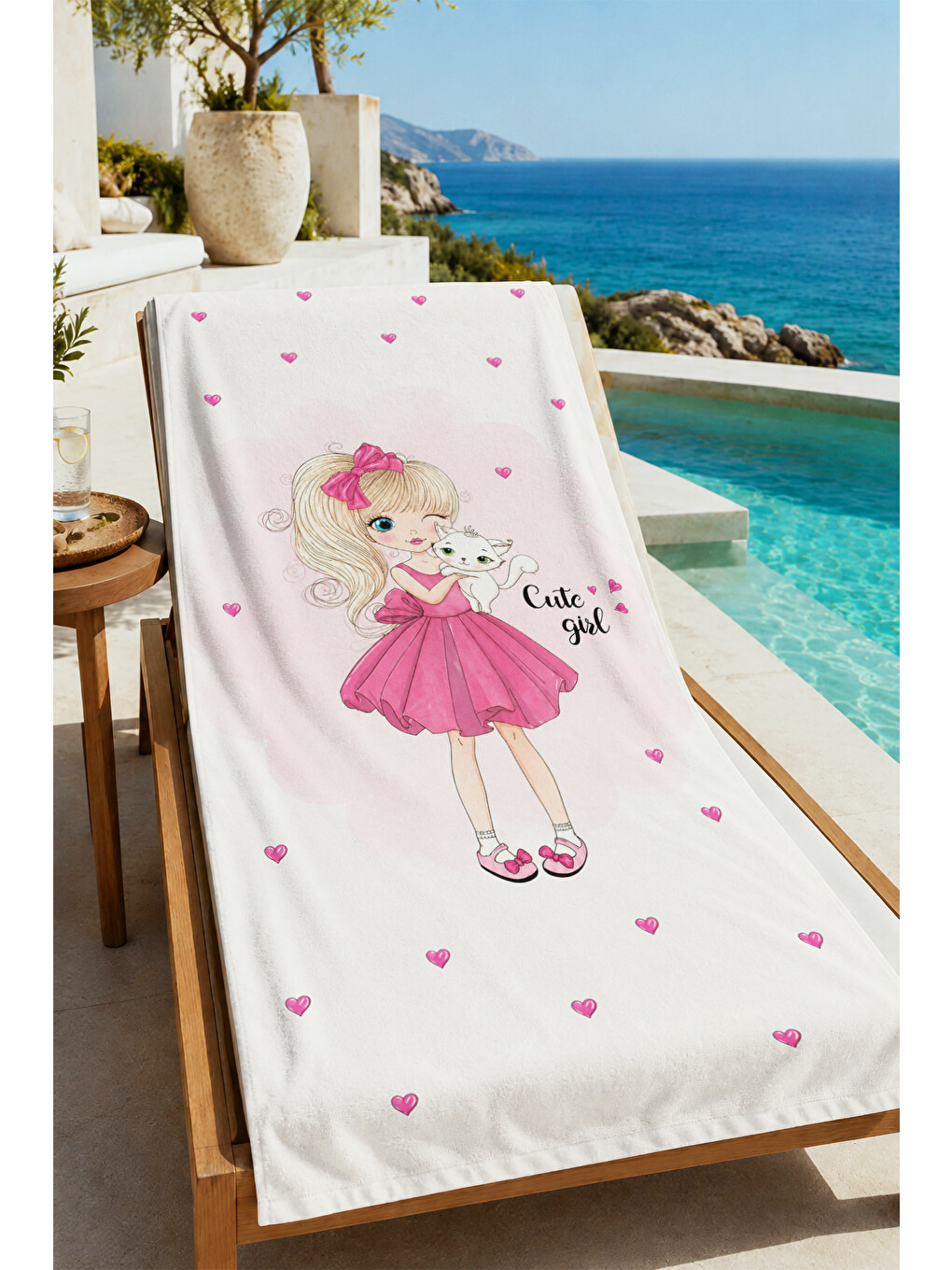 Masalsı Pembe Elbiseli Peri Kızı Kalpli Desenli 70x150 Plaj Havlusu - Dijital Baskılı Banyo Havlusu-4