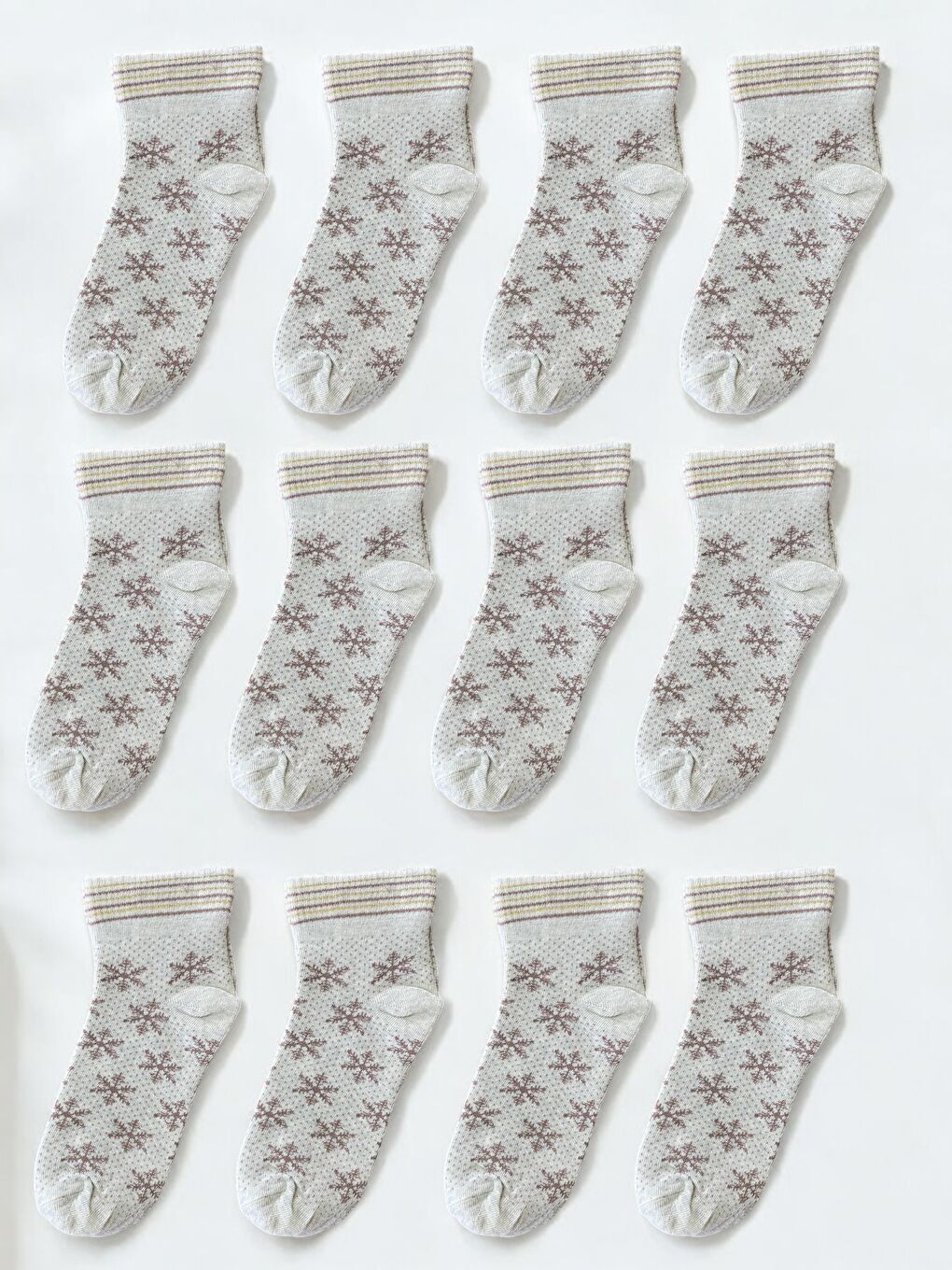 Kahverengi 12'li Kadın Krem Simli Kar Desenli Yarım Konç Patik Çorap