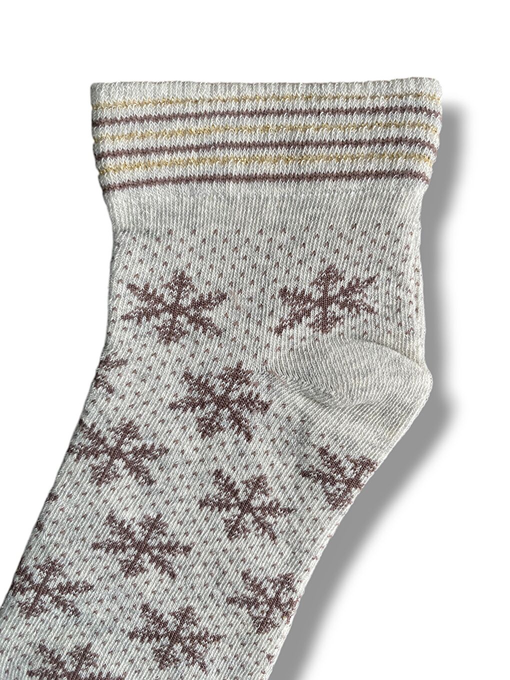 Kahverengi 12'li Kadın Krem Simli Kar Desenli Yarım Konç Patik Çorap-1