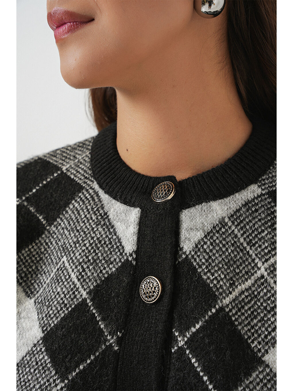 Kadın Desenli Düğmeli Triko Hırka 15927 - Siyah-4