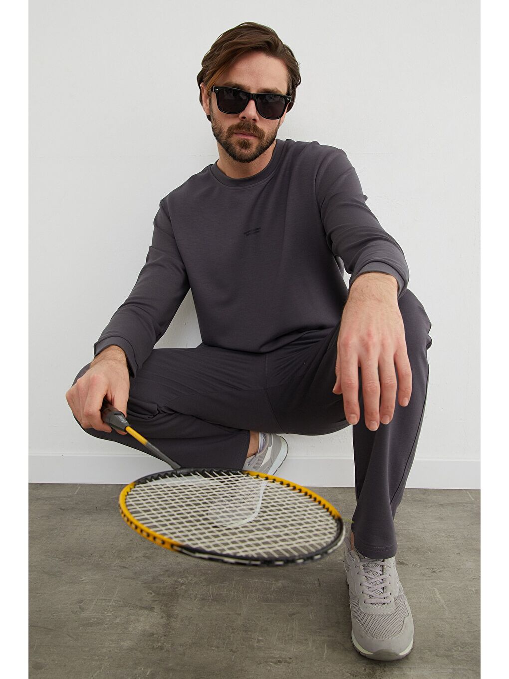 Antrasit Basic Bisiklet Yaka Modal Kumaş Sweatshirt