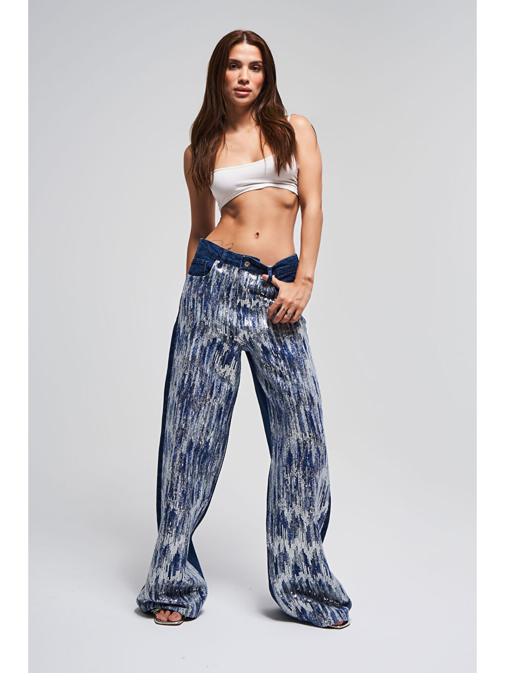 Kadın Mavi Renk 1w5-4 Palazzo Fit Pullu Özel Kumaş %100 Pamuk Tasarım Denim Jean-1